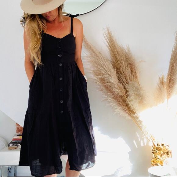 UO Black Positano Tank Straps Tiered Linen Tie Strap Button Front Midi Dress S - Picture 1 of 11
